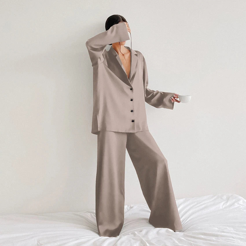 KAELAH Oversized Satin Silk Sleepwear Low Cut Sexy Pajamas For Women Single-Breasted