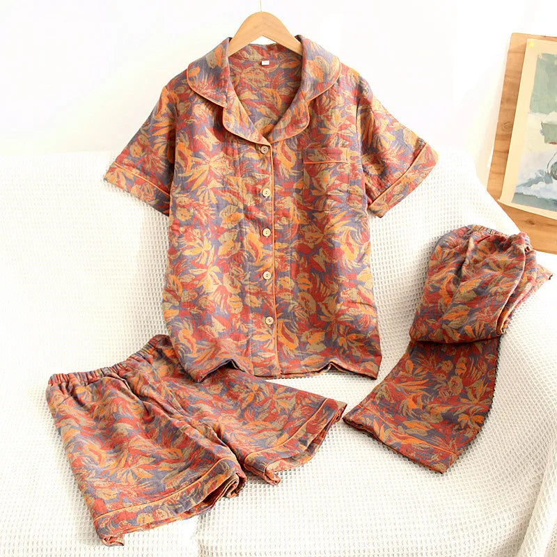 KAELAH Three Piece Cotton Jacquard Yarn Woven Floral Printed Cardigan
