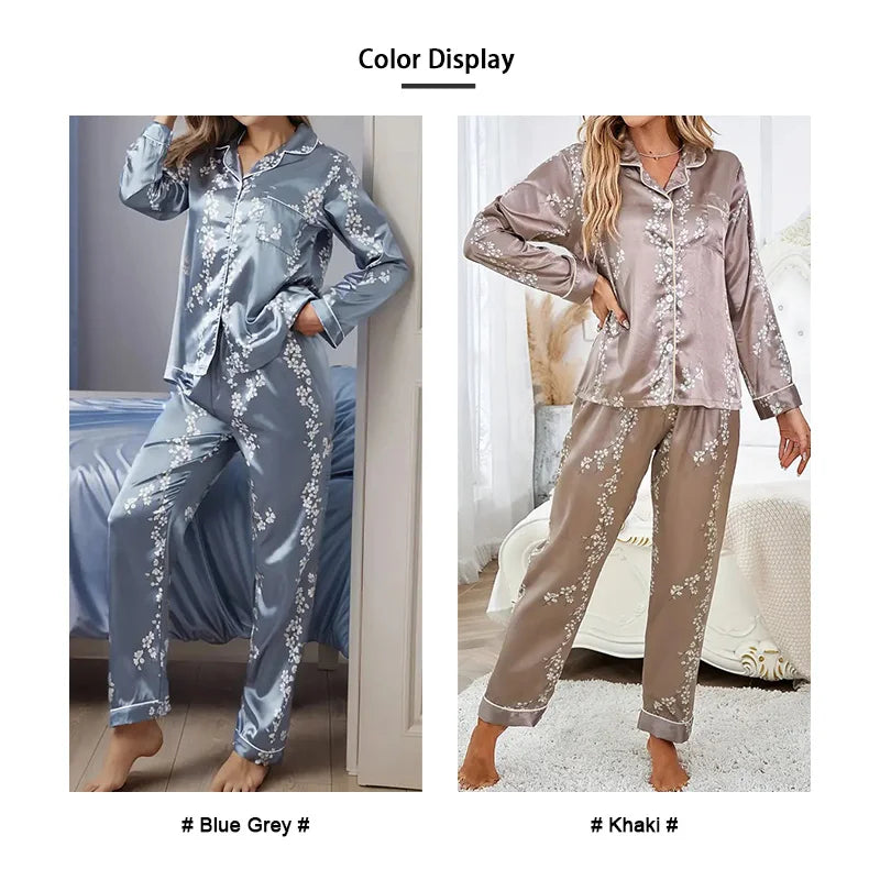 KAELAH Satin Floral Pajama Casual Sleepwear Home Clothes Suit Long Sleeve Button Up