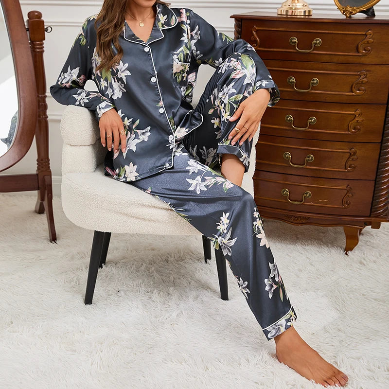 KAELAH Cartoon Print Pajama Set Short Sleeve Top Long Pants Soft Comfortable Sleepwear