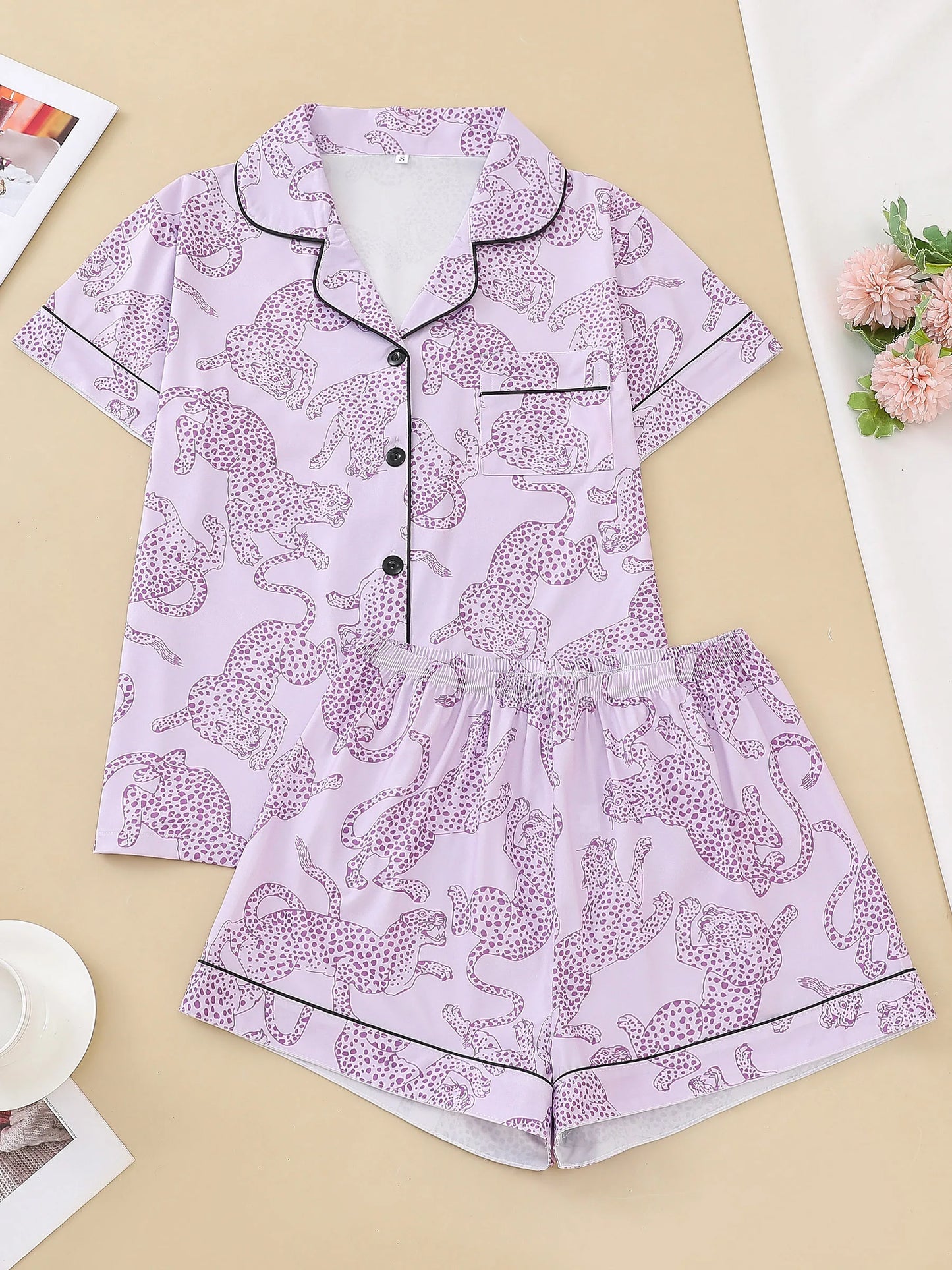 KAELAH Casual pink leopard print pajama set for women lapel short-sleeved