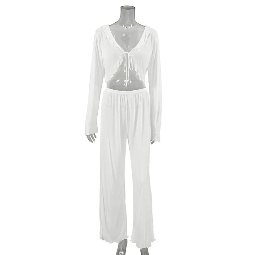 KAELAH Laidy Sexy V-Neck Knitted Thin Trousers Pajamas Women Casual Lace-Up
