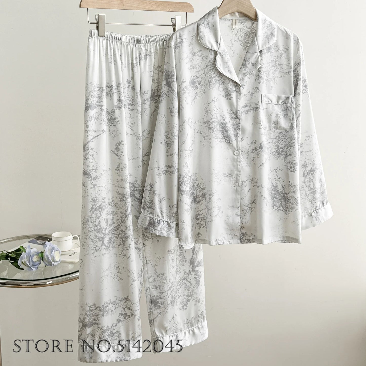 KAELAH Print Flower 2PCS Pajamas Set Women Sleepwear Spring Summer Trouser Suits Lounge Wear
