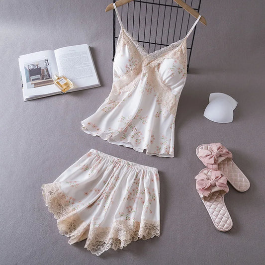 KAELAH Daeyard Sexy Lace Cami and Shorts 2 Pieces Pajama Set Silk Floral