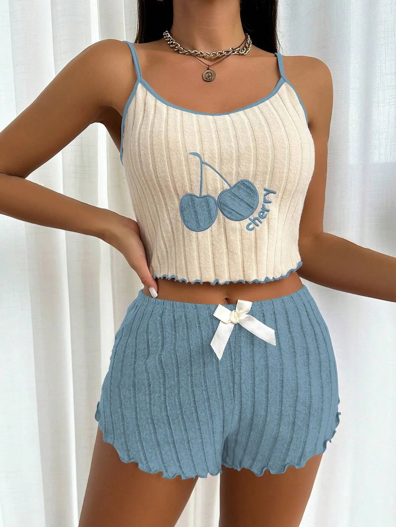 KAELAH Summer 2pcs Pajamas Set for Women Casual Simple Ground Wool Halter Vest