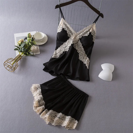 KAELAH Sexy Lace Lingerie Set for Women Silk Pajama Set Cami and Shorts 2 Pieces Pjs