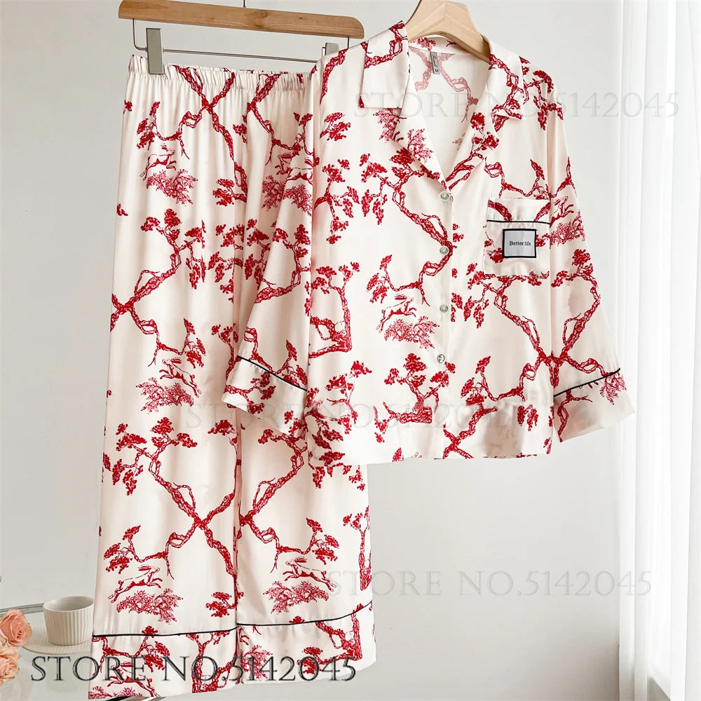 KAELAH Print Flower 2PCS Pajamas Set Women Sleepwear Spring Summer Trouser Suits Lounge Wear