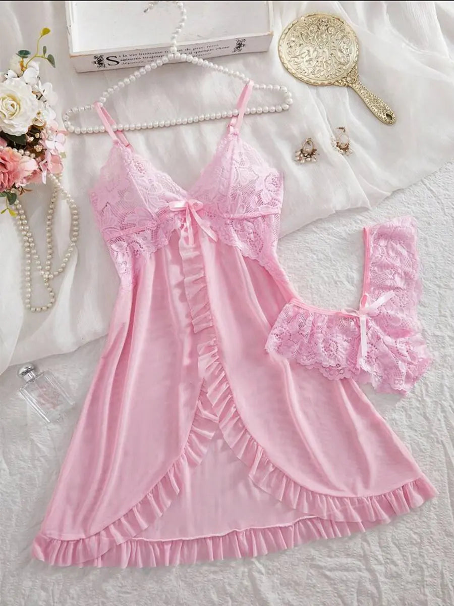 KAELAH Set Pink Cute Sweet Nightdress And Panty Pijamas Suit Sleeveless Halter