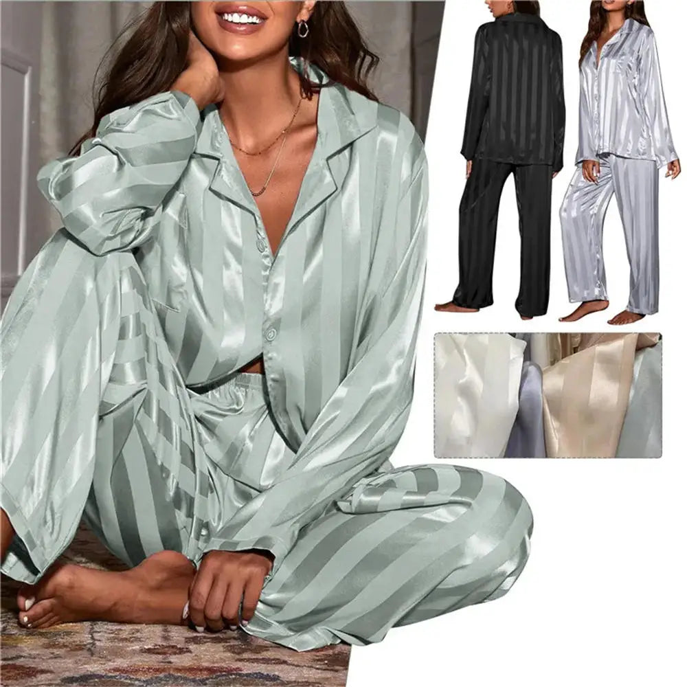KAELAH Summer Striped Pajama Set Long Sleeve Top Trousers Silk Satin Home Suit Spring