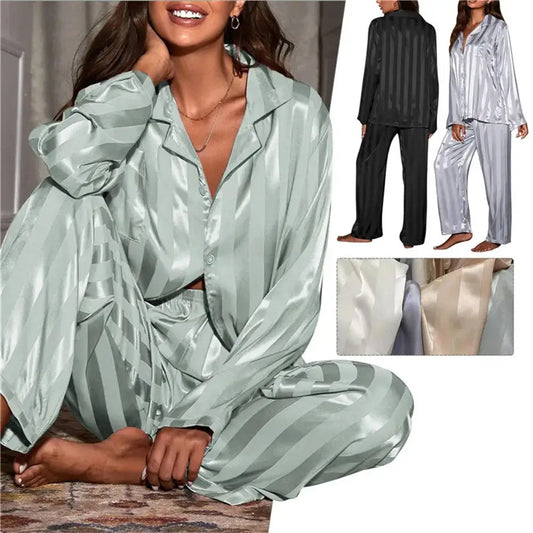KAELAH Summer Striped Pajama Set Long Sleeve Top Trousers Silk Satin Home Suit Spring