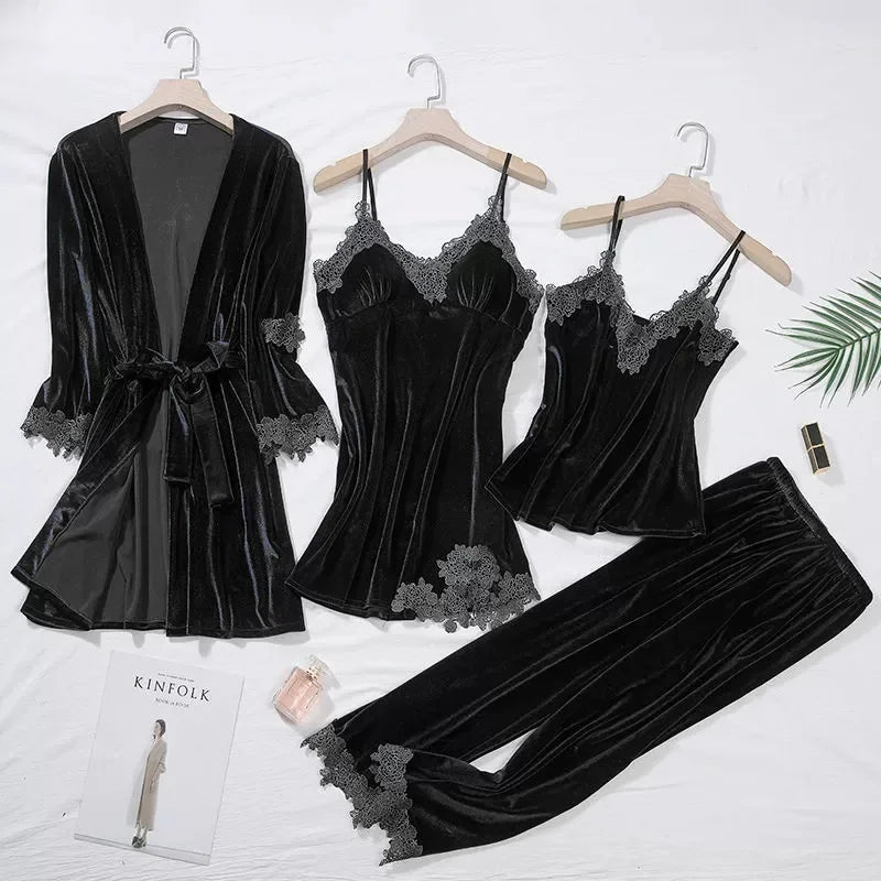KAELAH Casual Velour Home Clothing 4pcs Sleep Set Intimate Lingerie Women Pajamas