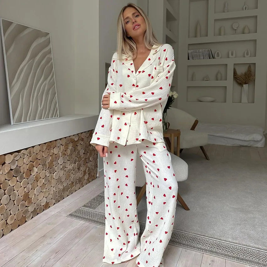 KAELAH New Love Heart Print Pyjama Cotton Long Sleeve Set