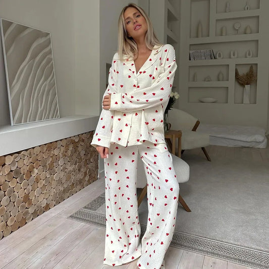 KAELAH New Love Heart Print Pyjama Cotton Long Sleeve Set