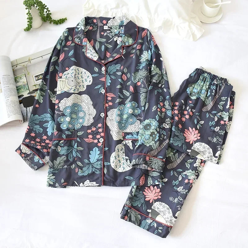 KAELAH cute cartoon floral viscose fiber pajamas two-piece long-sleeved home cotton