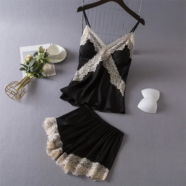 KAELAH Daeyard Sexy Lace Cami and Shorts 2 Pieces Pajama Set Silk Floral