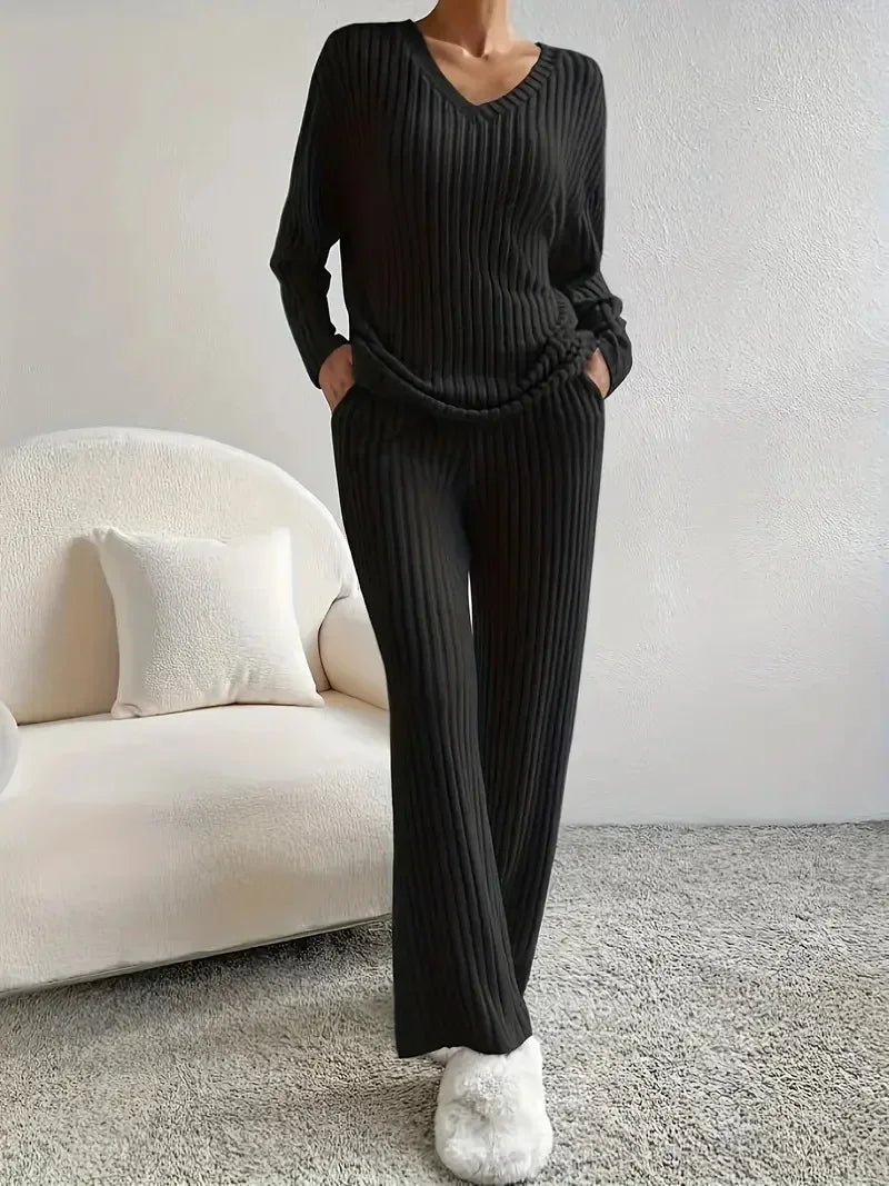 KAELAH 2 Pieces Set Sleepwear V-neck Ribbed Knit Tops and Trousers