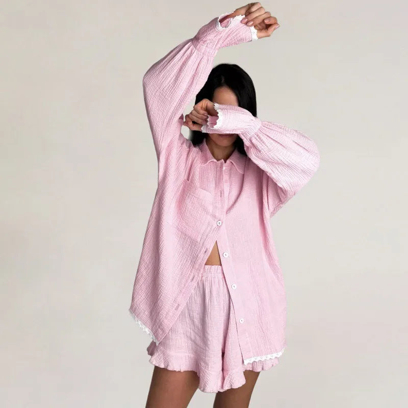 KAELAH Cotton Pajamas Set Autumn Long Sleeve Shirt And Shorts