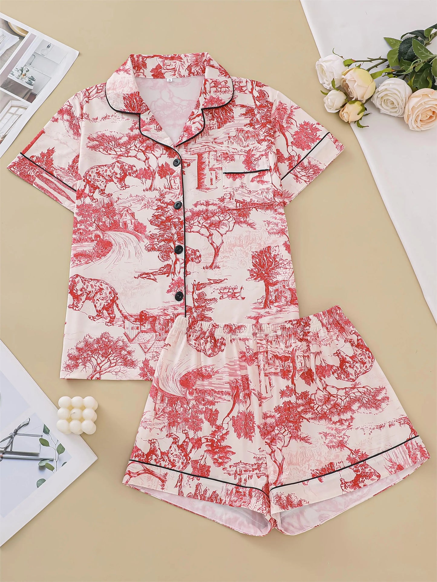 KAELAH Natural animal print pajama set comfortable short-sleeved lapel top