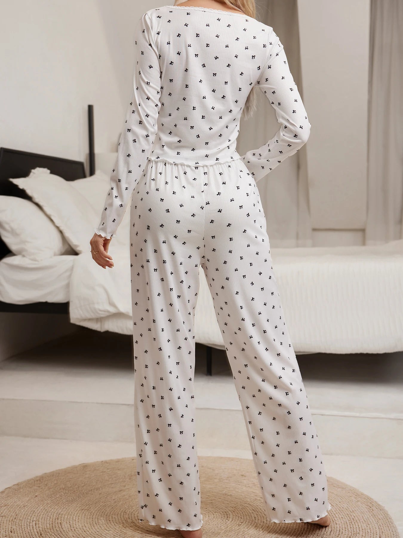 KAELAH Sleepwear Suit Cute Bowknot Print  Lettuce Trim Top with Long Pant Lovely Loungewear