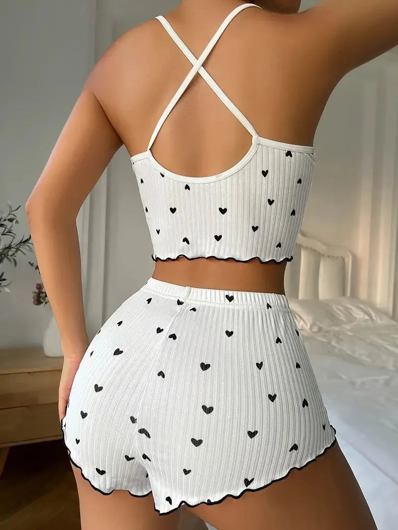 KAELAH Heart Print Pajama Set for Women Sleepwear Silk Stain V-Neck Sleeveless Casual