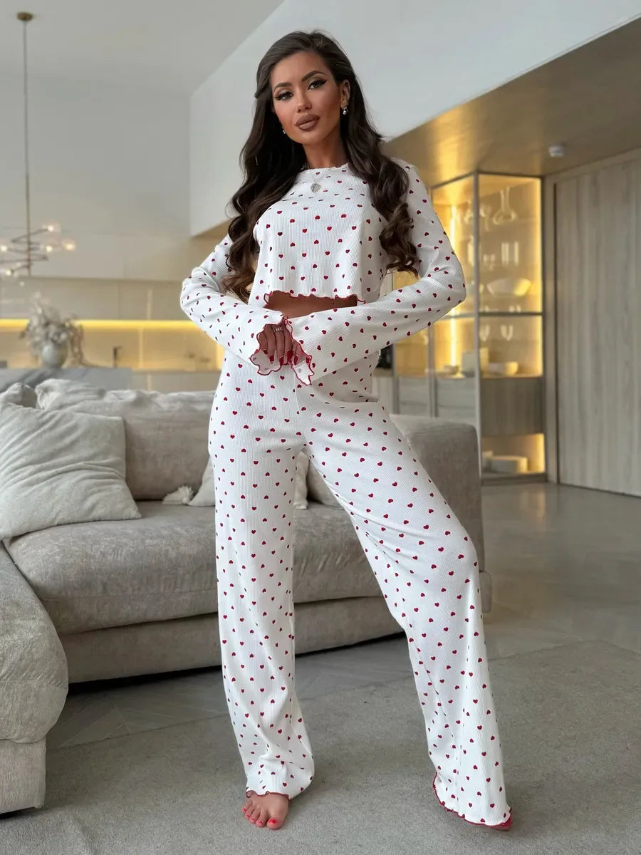 KAELAH Cherry Print Cuffed-Long-Sleeve Tops and Long Trousers Sleepwear