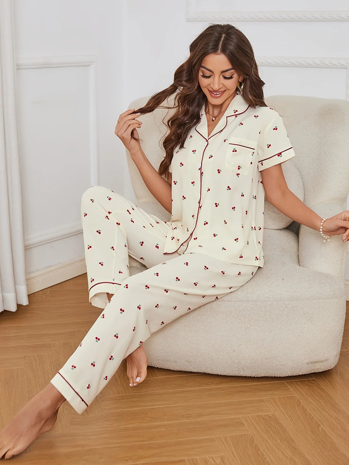 KAELAH Cherry Print Textured Pajama Set Casual Short Sleeve Buttons Lapel
