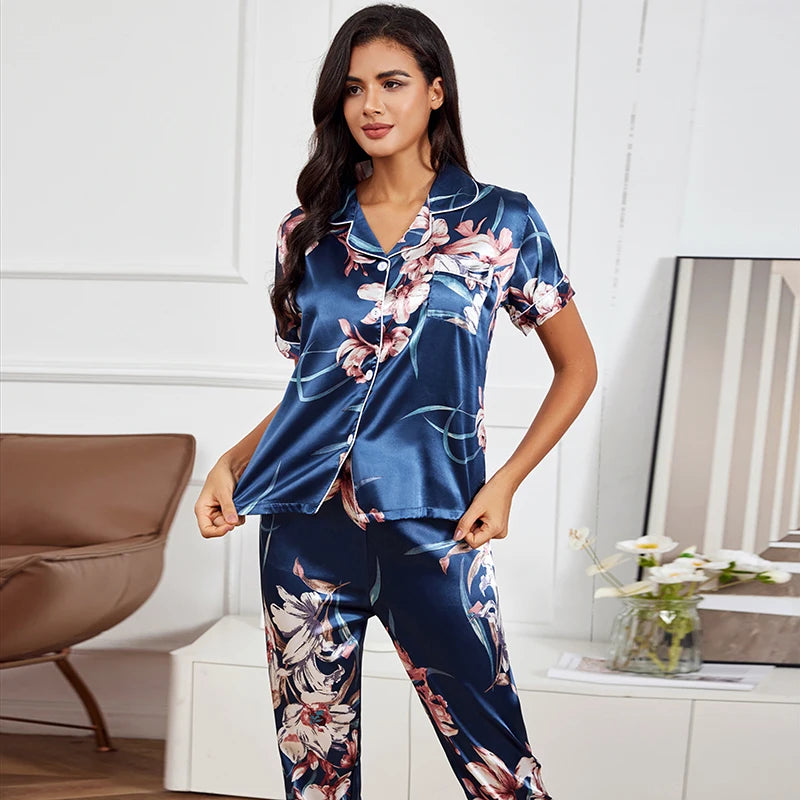 KAELAH Striped Printed Silk Satin Summer Nightwear Trouser Suits