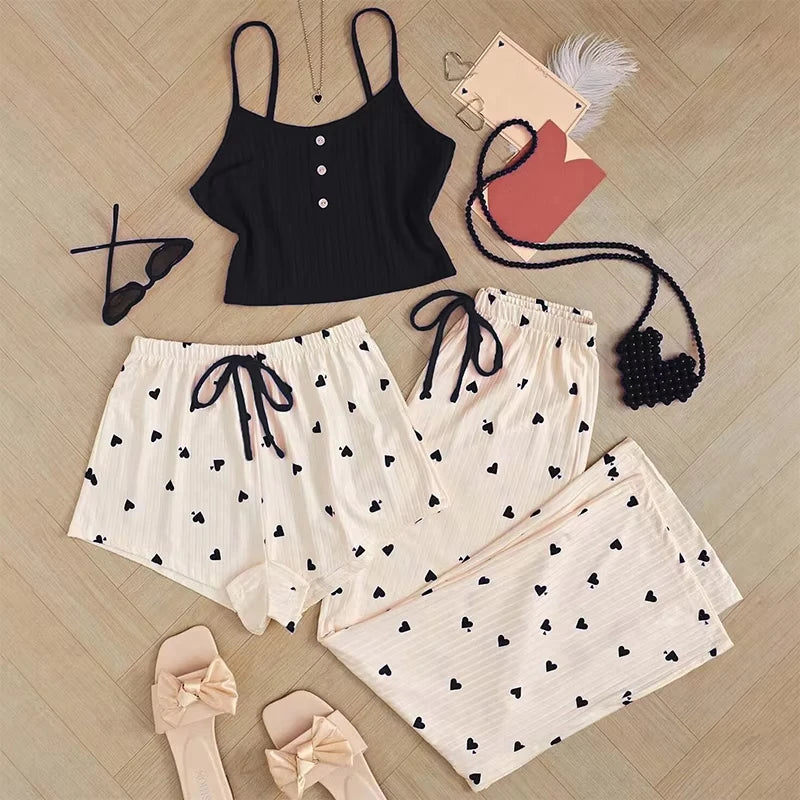 KAELAH Three Piece Women's Heart-Shaped Printed Vest Shorts and Pants