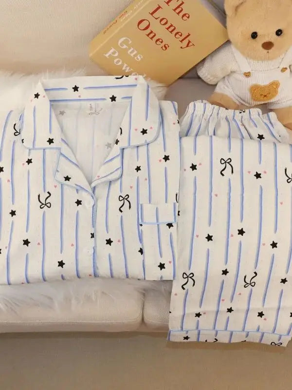 KAELAH Mickey Mouse Strip Print Woman's Pajamas Set Autumn Winter Loungewear