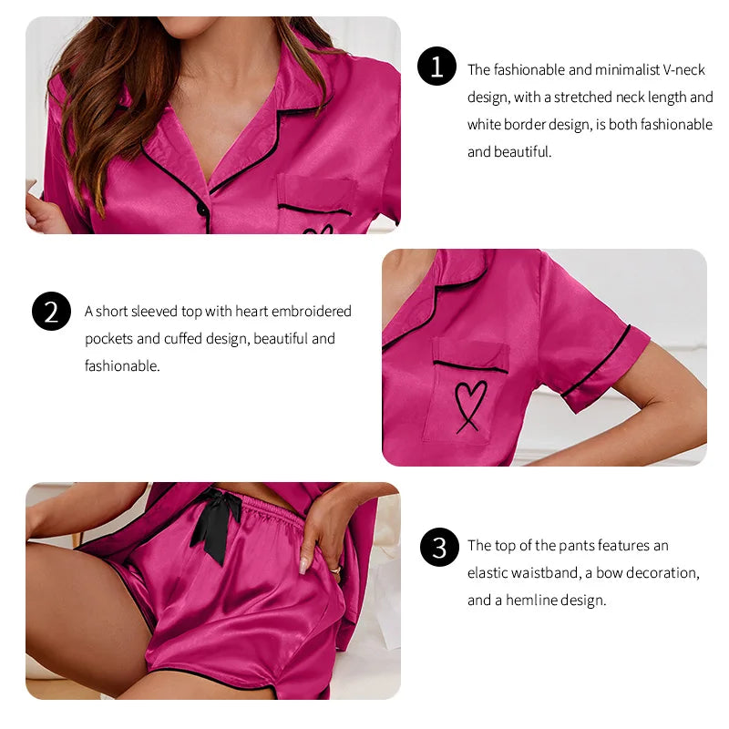 KAELAH Pajamas Lounge Set Heart Embroidered Pocket Patched Sleepwear Button
