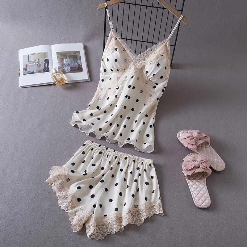 KAELAH Daeyard Sexy Lace Cami and Shorts 2 Pieces Pajama Set Silk Floral