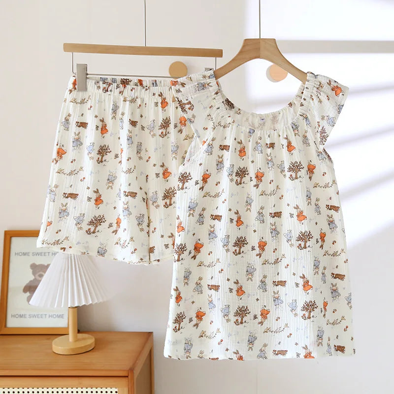 KAELAH Light New Summer Pajama Set Cotton Crepe Vest Loose