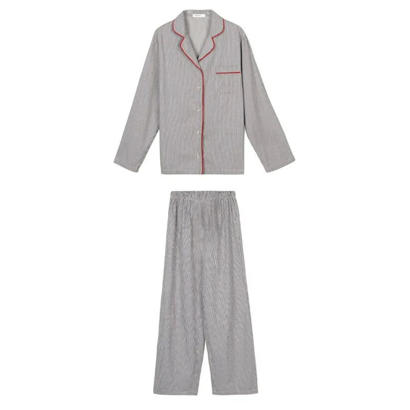 KALEAH  Spring and Summer Long Sleeve Long Pants Two Piece Suit Striped Nightwear