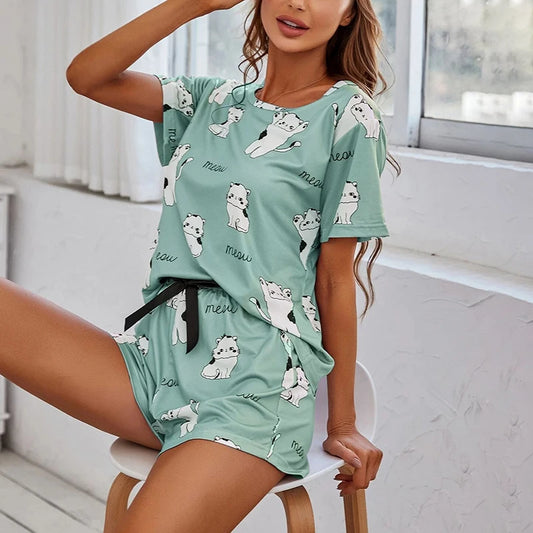 KAELAH Pajamas 2 Sets Short Sleeve Loungewear Cartoon Print