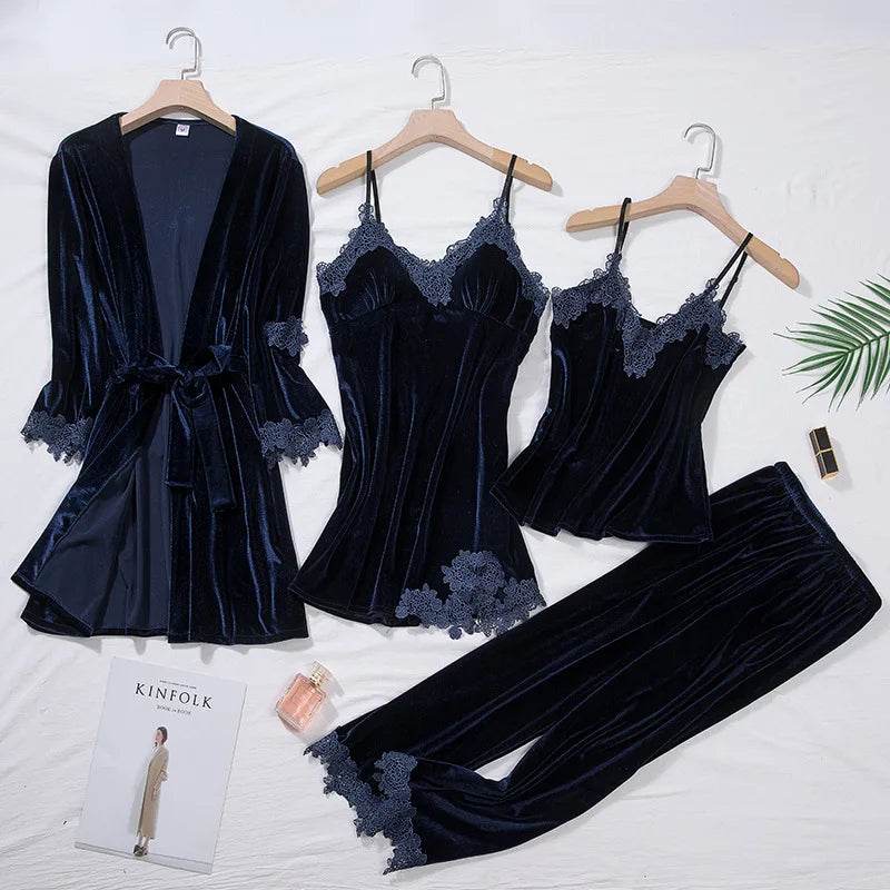 KAELAH Casual Velour Home Clothing 4pcs Sleep Set Intimate Lingerie Women Pajamas
