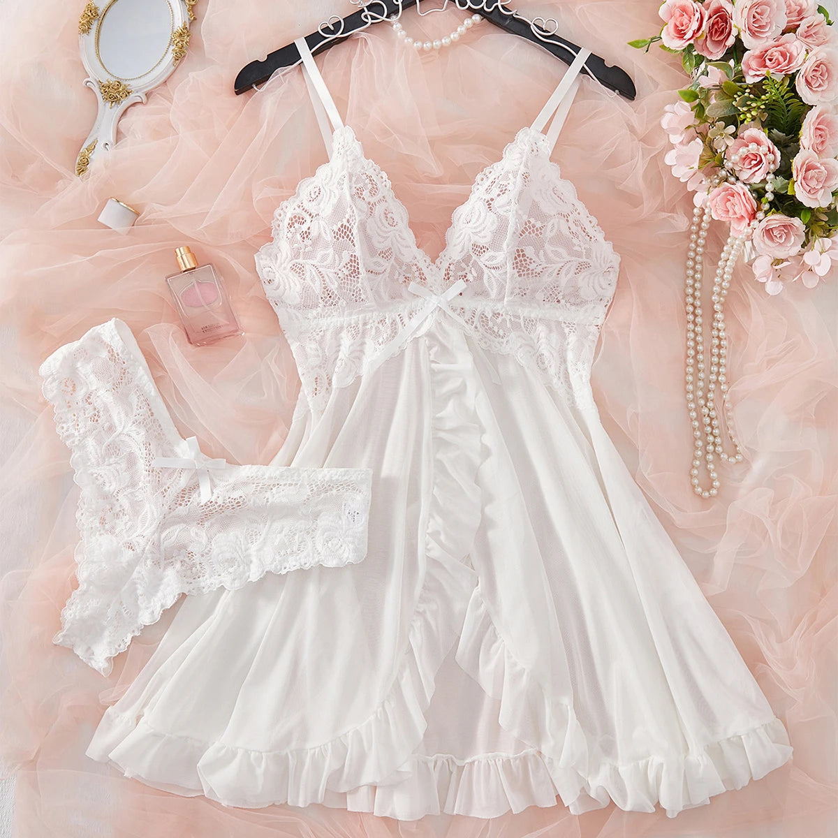 KAELAH Red Sling Transparent Sexy Nightdress See-through Sleepwear Lace