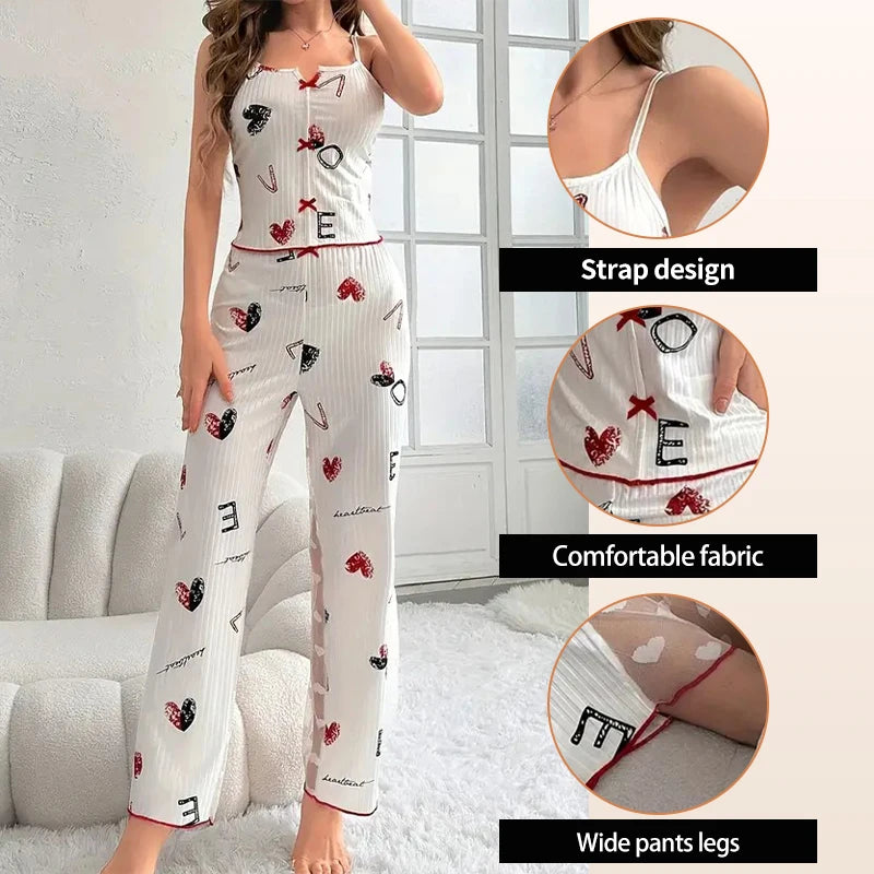 KAELAH Sexy Two-Piece Pajama Set Printed Lace Patchwork V-Neck