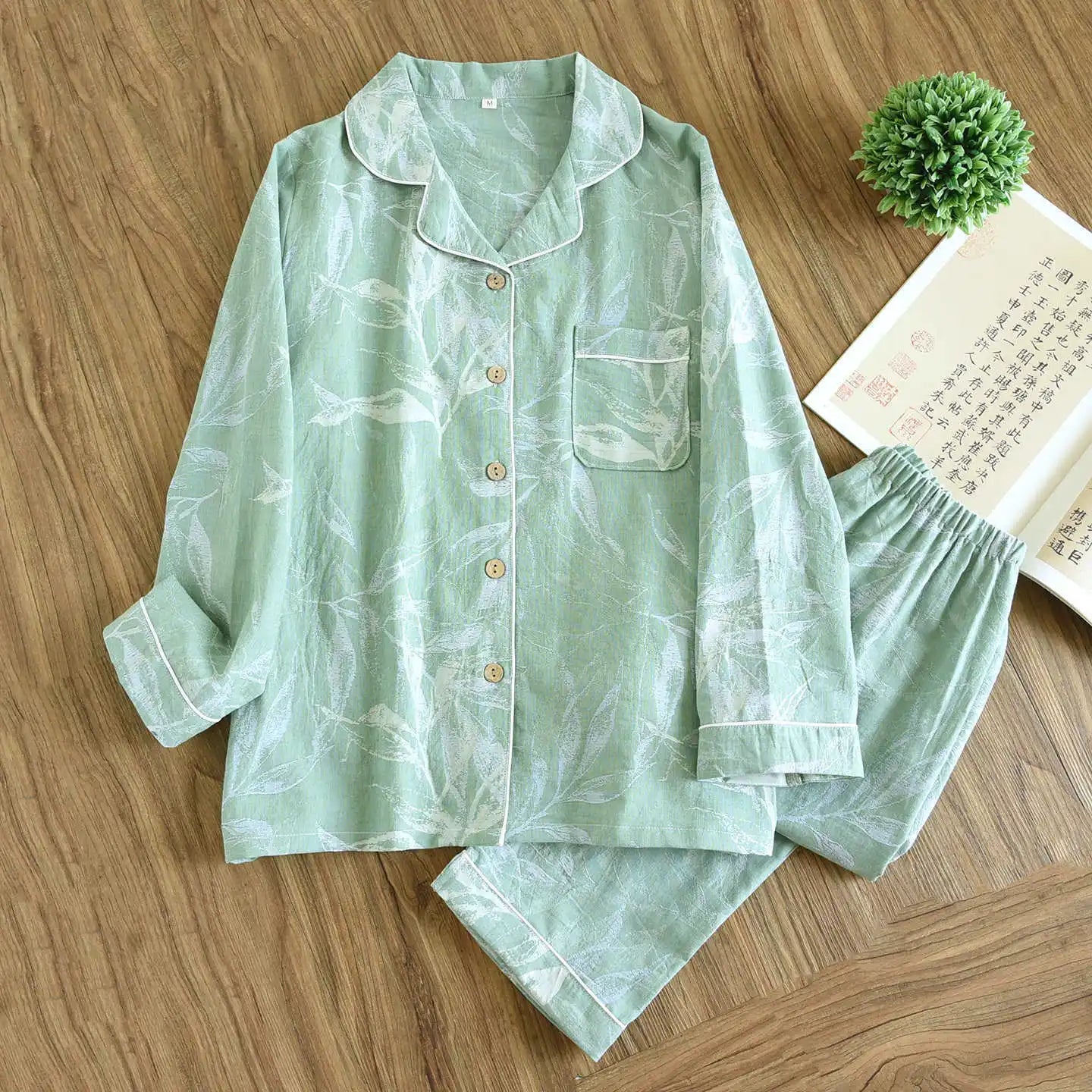 KAELAH new spring and summer women's pajamas suit long-sleeved trousers two-piece crepe flower