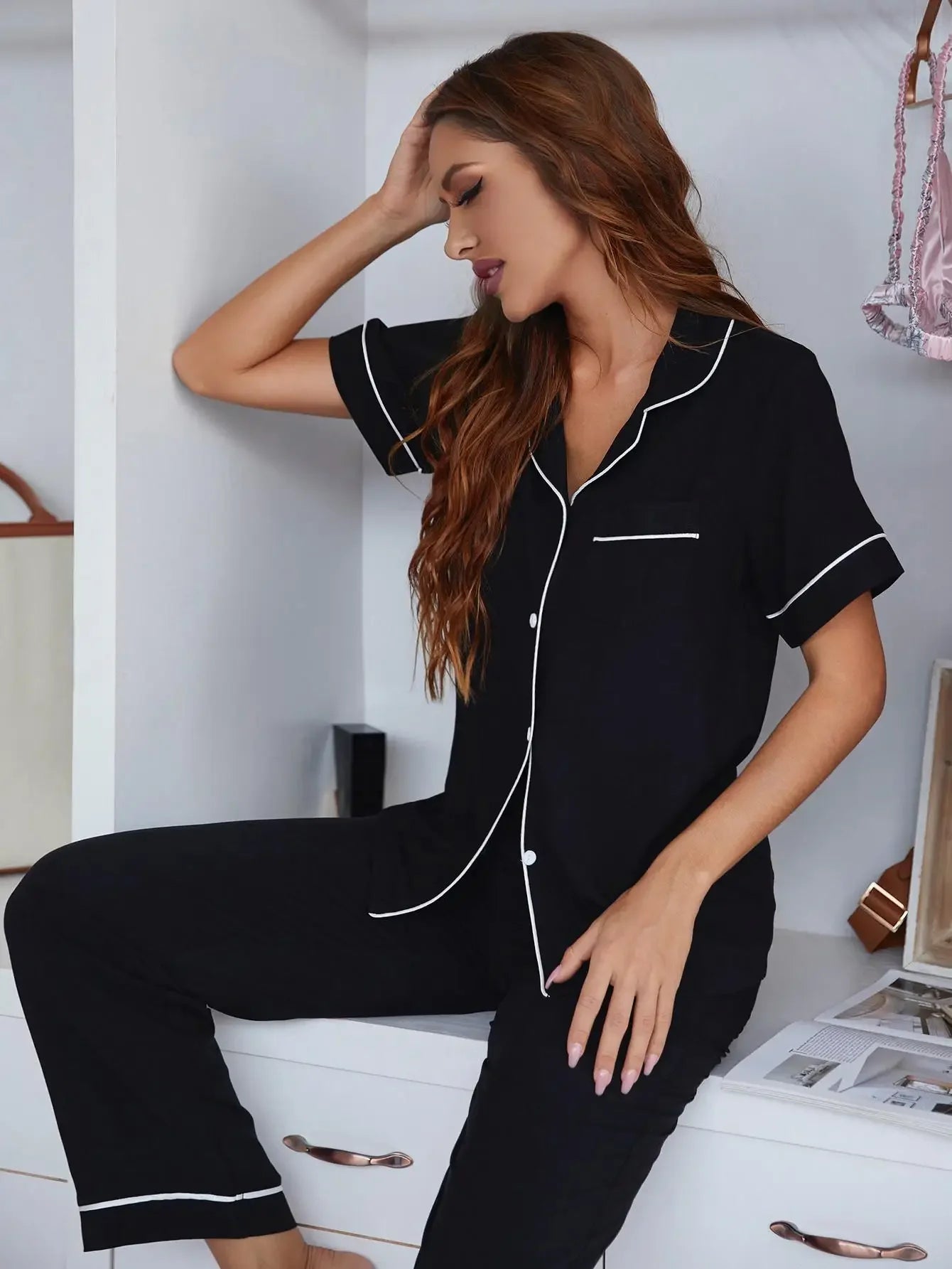 KAELAH Notched Collar Women's Pajamas Set Short Sleeves Black Solid