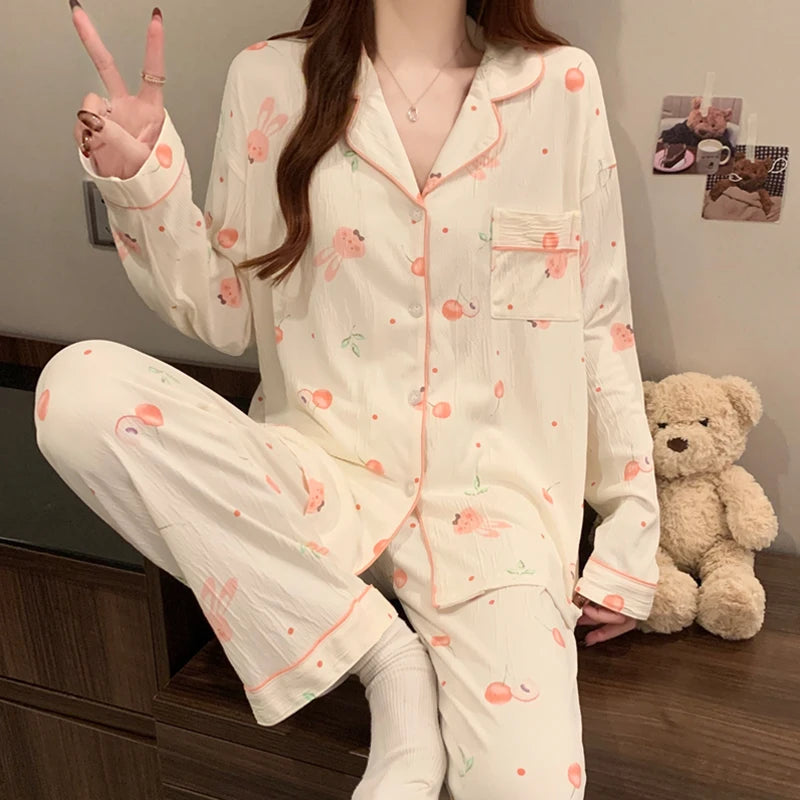 KAELAH Pink Bow Tie Design Pajamas for Women Long Sleeve Top & Elastic