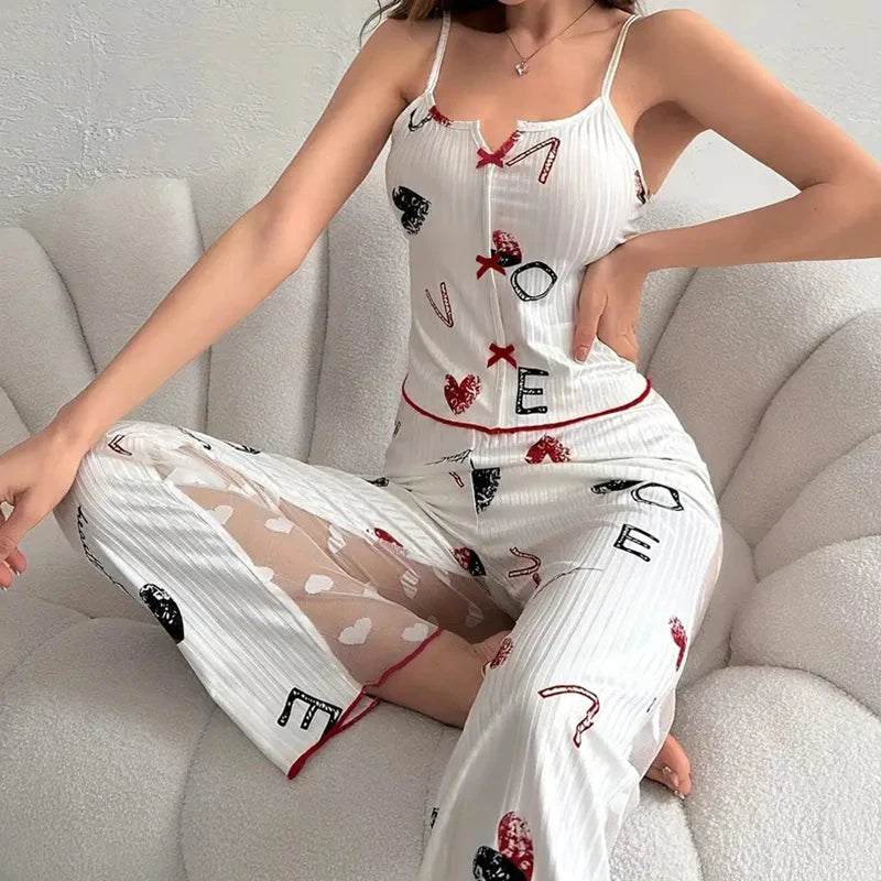 KAELAH Sexy Two-Piece Pajama Set Printed Lace Patchwork V-Neck