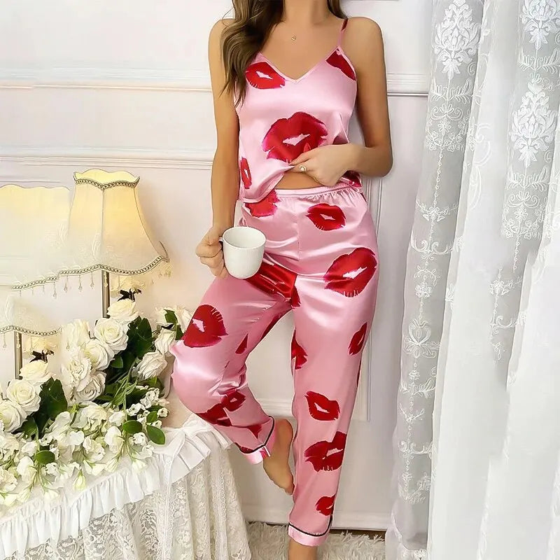 KAELAH Kiss Satin Pajama Set with Lip Print V-Neck Cami Top and Elastic Pants
