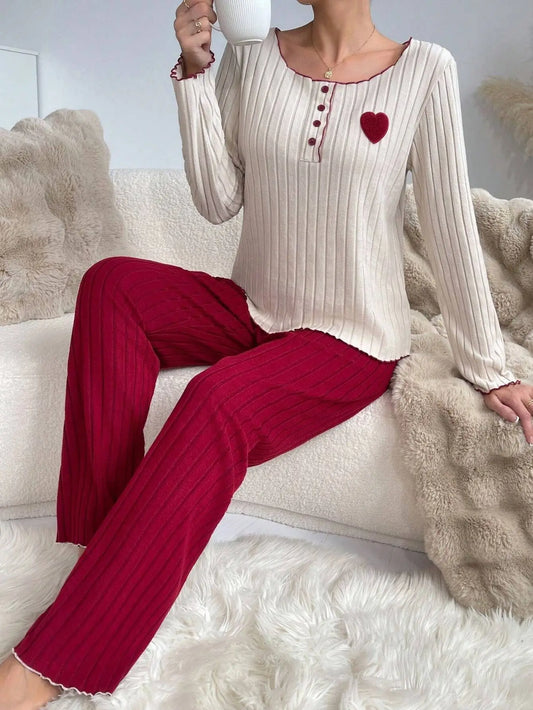 KAELAH Top Heart Print Sleepwear Casual Long Sleeve Set Homewear