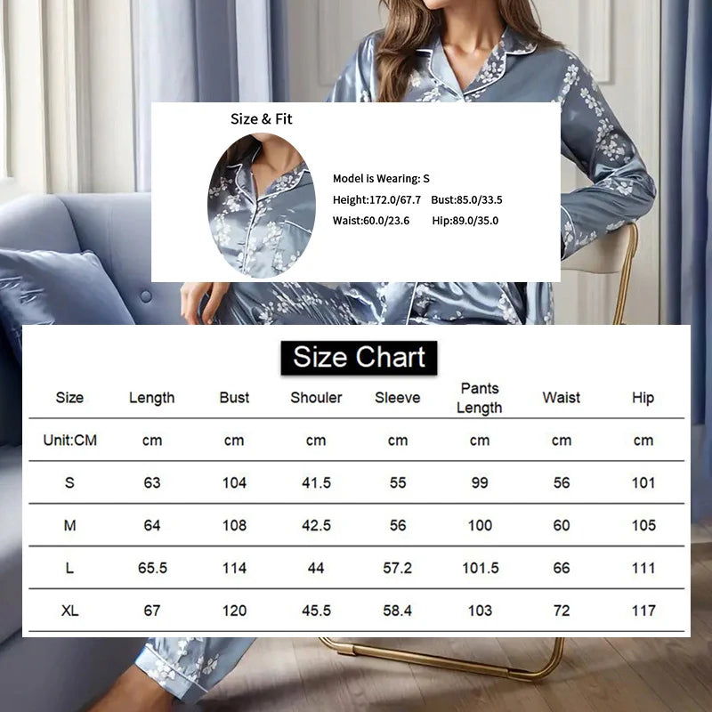 KAELAH Satin Floral Pajama Casual Sleepwear Home Clothes Suit Long Sleeve Button Up