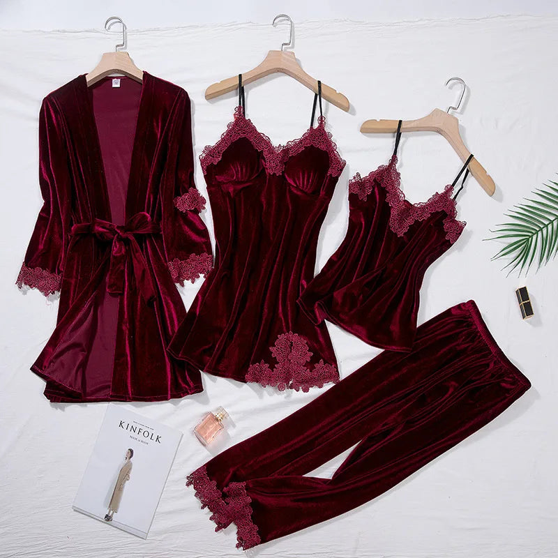 KAELAH Casual Velour Home Clothing 4pcs Sleep Set Intimate Lingerie Women Pajamas