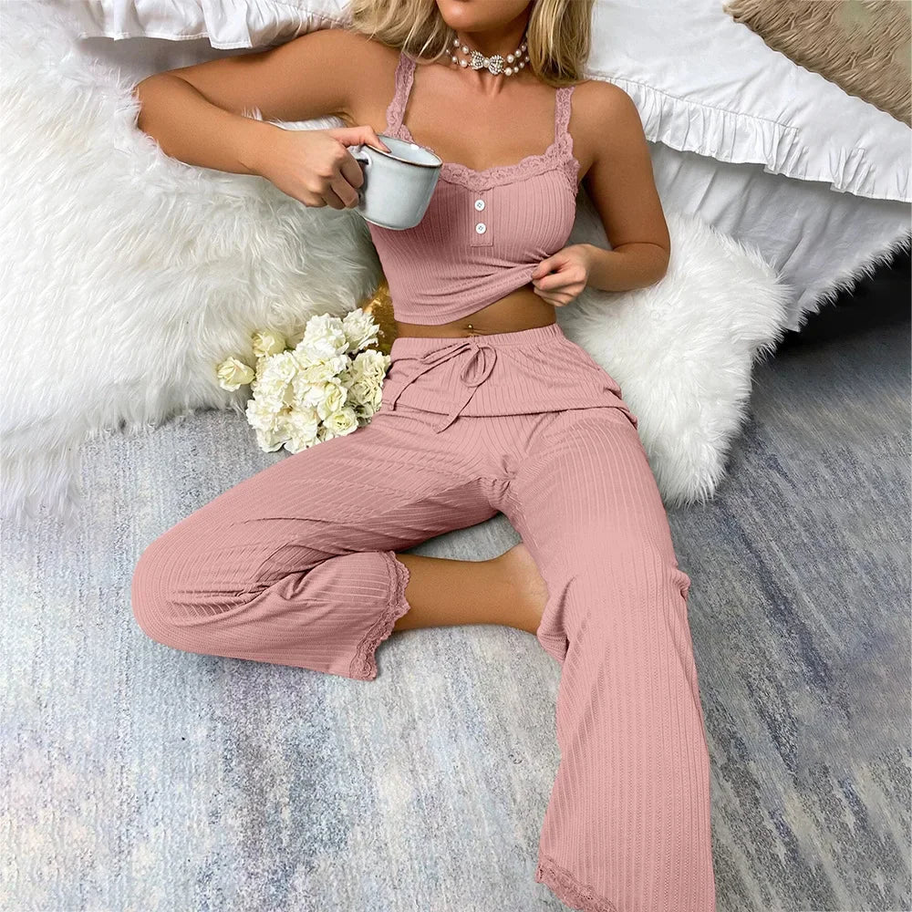 KAELAH Lace Trim Three-Piece Set Slim Fit Home Clothes Nightgown