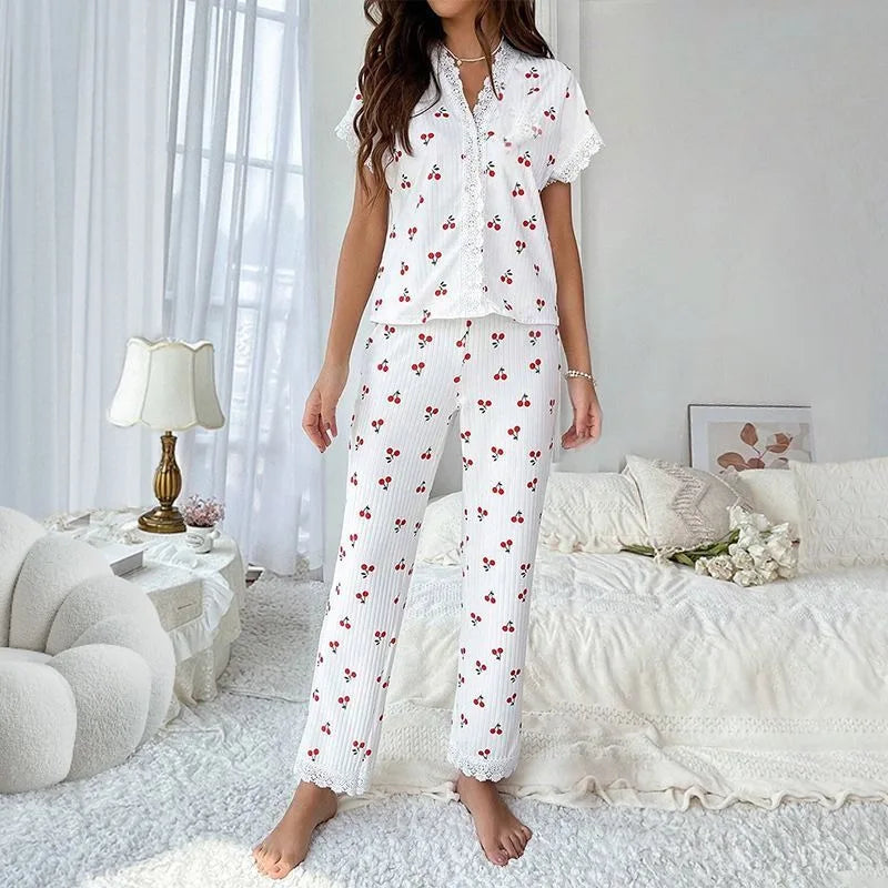 KAELAH Cherry Collar Lace Printed Shirt Trousers Homewear