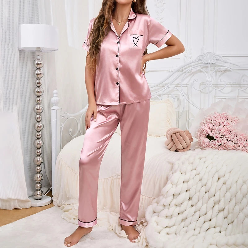 KAELAH Love 2 Piece Button-Down Pj Set Homewear Satin Loungewear