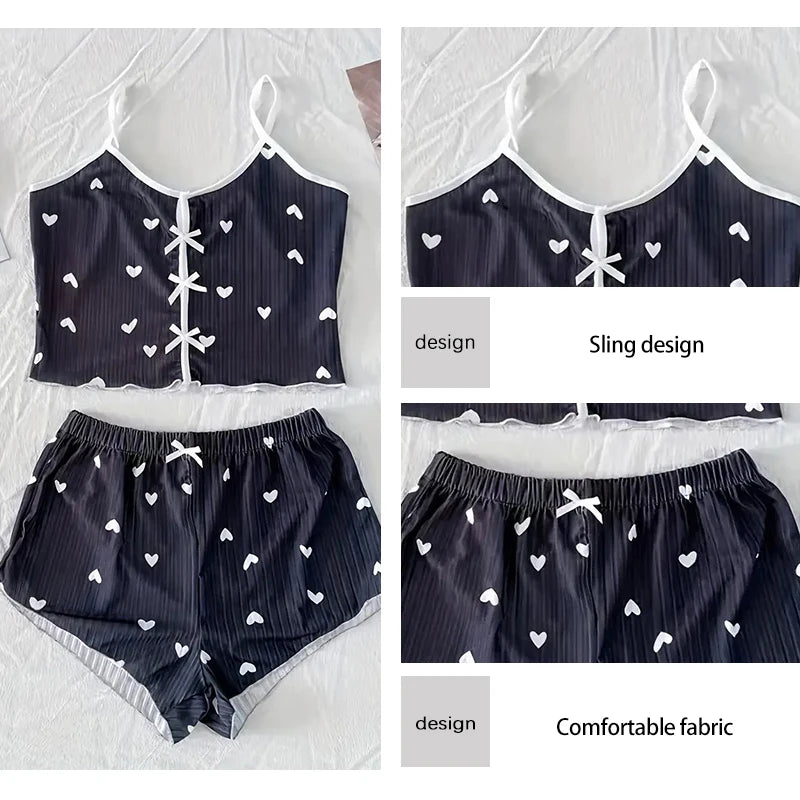 KAELAH Suspender Pajamas with Heart-Shaped Print Two-Piece Set Summer Comfortable