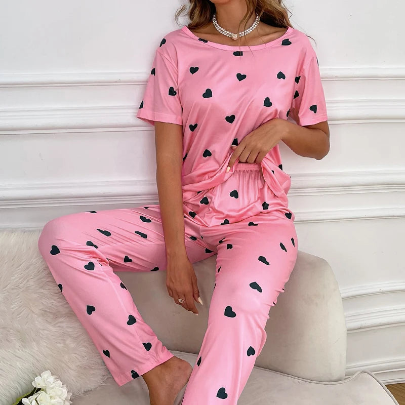 KAELAH Cartoon Print Pajama Set Short Sleeve Top Long Pants Soft Comfortable Sleepwear
